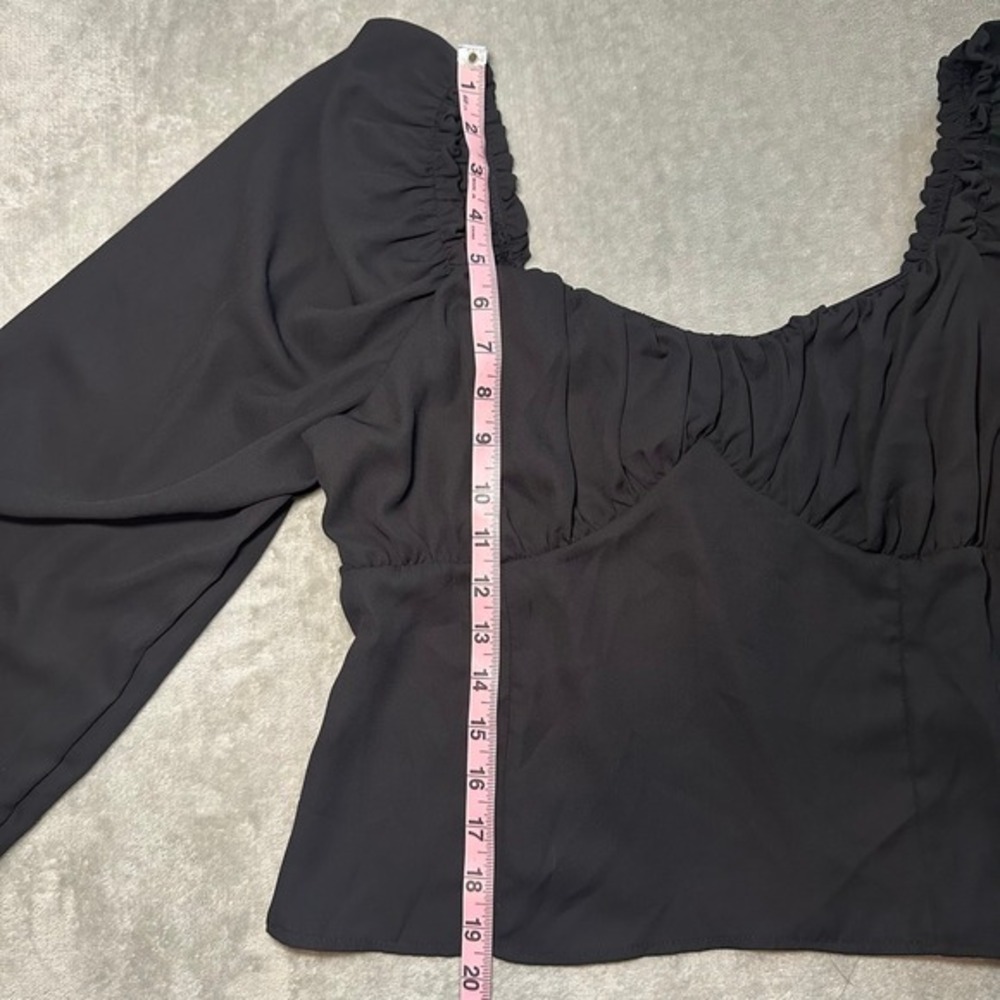 Abound Peasant Top Sz L Black Blouse Square Neck Ruched‎ Puff Sleeve Cottagecore - Picture 7 of 13